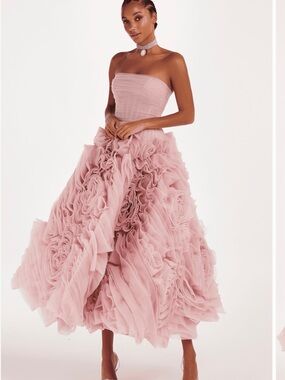 Milla A-Line Tulle Midi Formal Romantic strapless Pink Ruffled Ball Gown